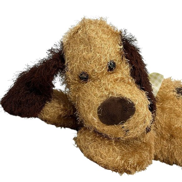 WALMART Brown Puppy Dog Vintage 20" Plush My Bone Shaggy Wiry Green Gingham Bow - Picture 2 of 8